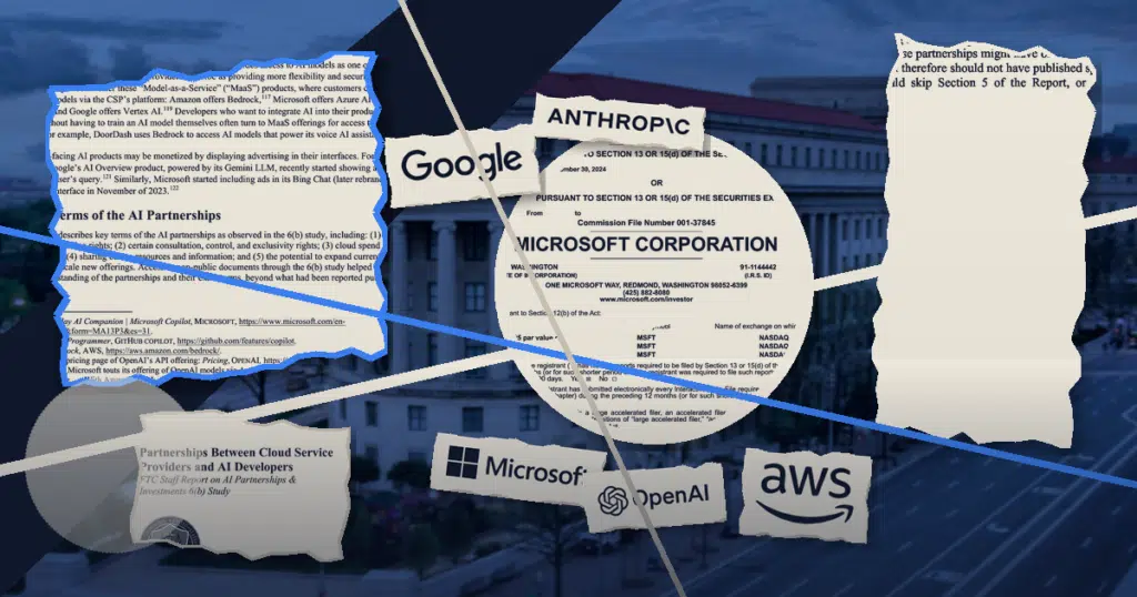 Documentary collage over a photograph of the FTC Apex Building: torn fragments of the FTC 6(b) staff report, Commissioner Ferguson's dissent, and Microsoft's SEC filing, with the logos of Microsoft, OpenAI, Amazon Web Services, Google and Anthropic.